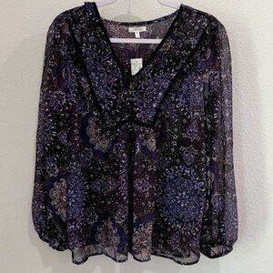 Maurices Dark Ruffle Semi Sheer Blouse Boho Western Feminine Puff Sleeve